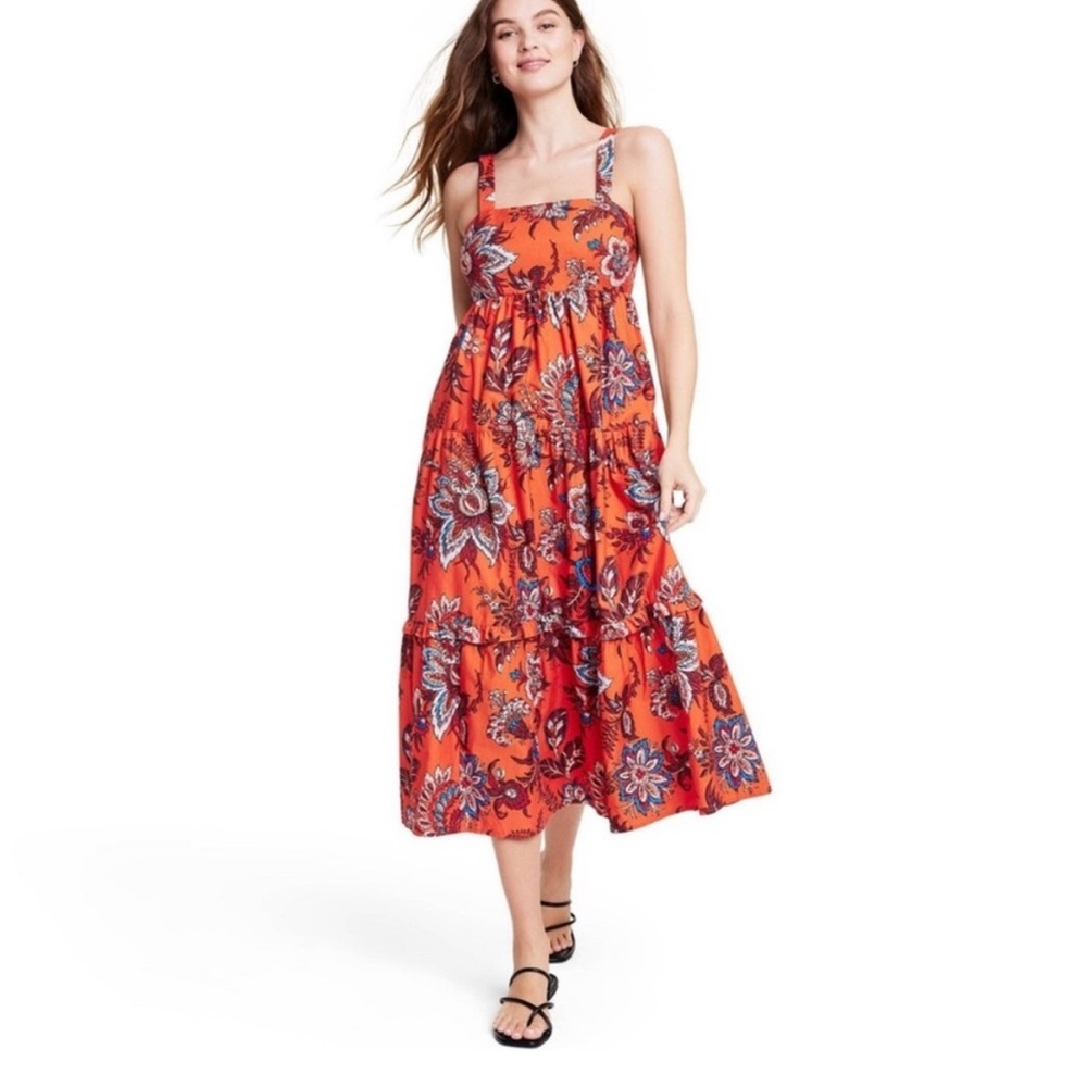 RHODE Orange and Blue Smocked Midi Sundress